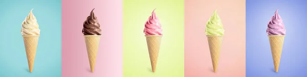 パステルカラーの背景にさまざまな味のアイスクリーム ソフトクリーム — ストック写真