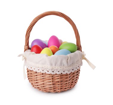 Wicker basket with beautifully painted Easter eggs isolated on white