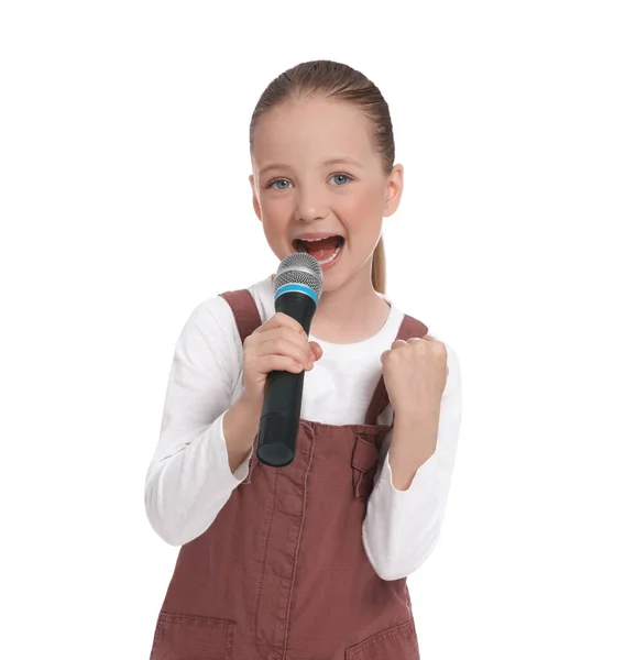 Petite Fille Mignonne Avec Microphone Chantant Sur Fond Blanc — Photo