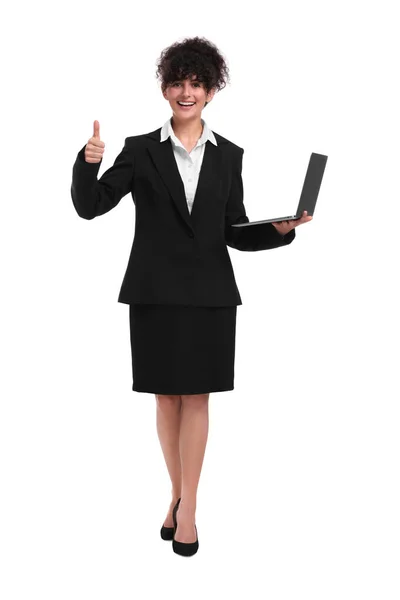 Bilgisayarlı Güzel Mutlu Kadını Beyaz Arka Planda Baş Parmak Gösteriyor — Stok fotoğraf