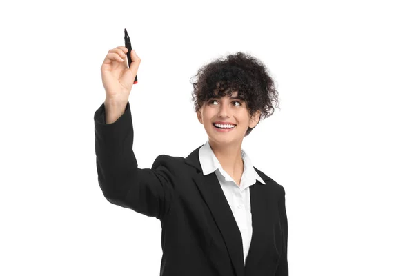 Schöne Glückliche Geschäftsfrau Mit Filzstift Auf Weißem Hintergrund — Stockfoto