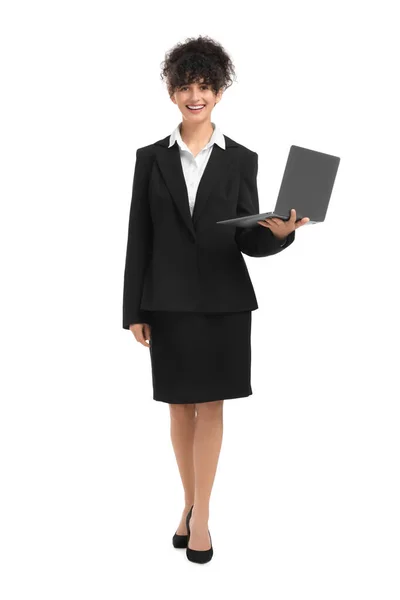 Schöne Glückliche Geschäftsfrau Mit Laptop Auf Weißem Hintergrund — Stockfoto