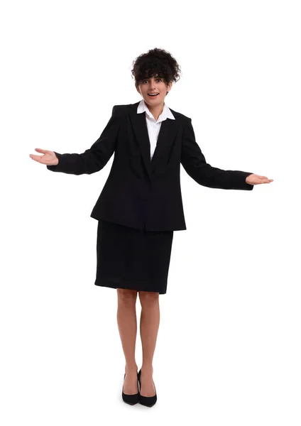 Schöne Emotionale Geschäftsfrau Anzug Auf Weißem Hintergrund — Stockfoto