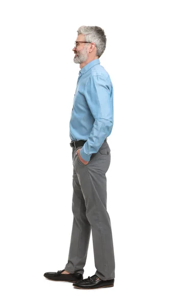 Homme Affaires Mature Vêtements Élégants Posant Sur Fond Blanc — Photo