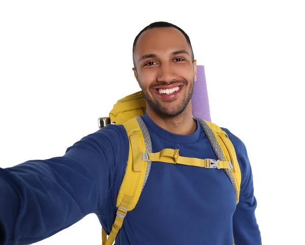 Happy Tourist Backpack Taking Selfie White Background — Stock Photo, Image