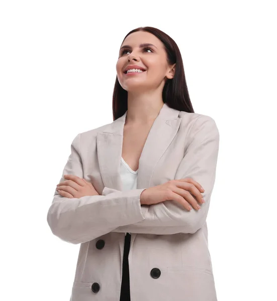 Beautiful Businesswoman Suit White Background Low Angle View — Stock Photo, Image