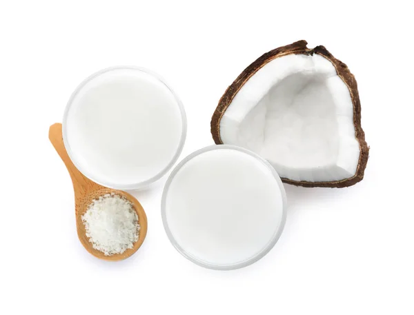 Glasses Delicious Coconut Milk Spoon Flakes Coconut Isolated White Top — Stock Photo, Image