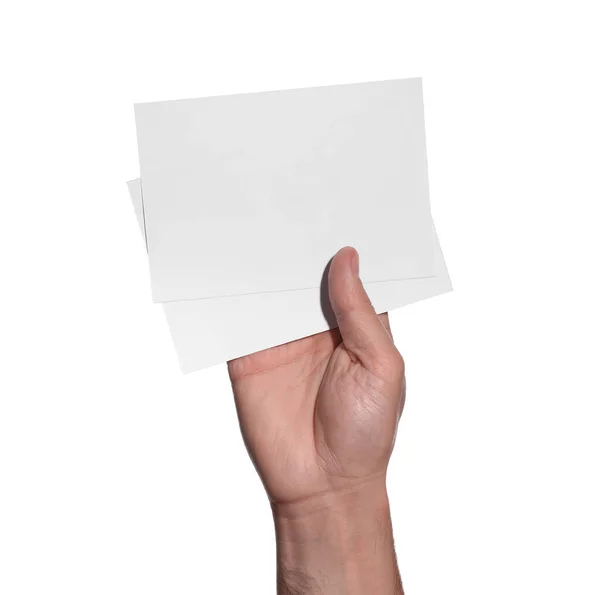 Чоловік Тримає Паперові Картки Білому Тлі Крупним Планом Макет Дизайну — стокове фото