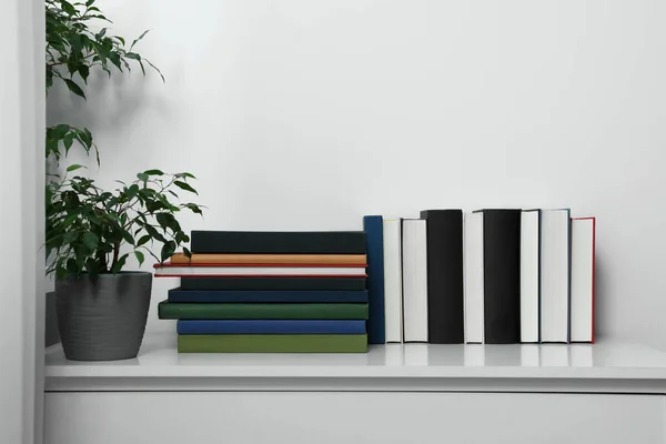 Muchos Libros Diferentes Planta Maceta Gabinete Blanco Interior —  Fotos de Stock