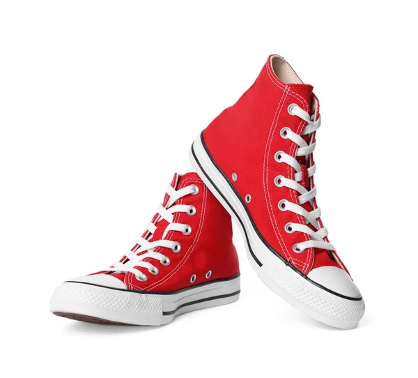 Pair New Red Stylish High Top Plimsolls White Background — Foto Stock