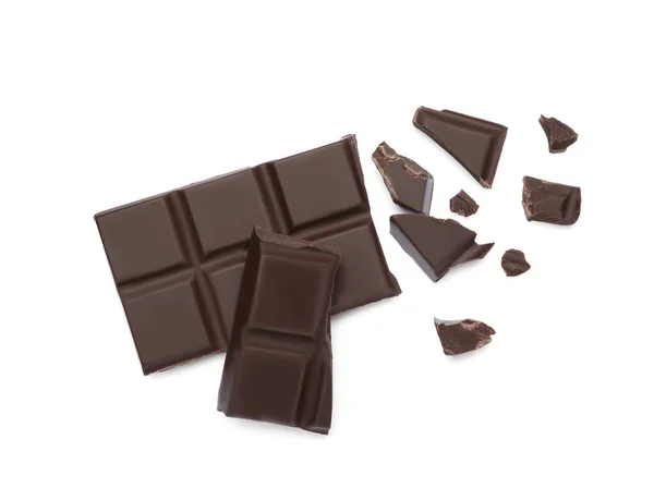 Pieces Delicious Dark Chocolate Bar White Background Top View — Stock Photo, Image