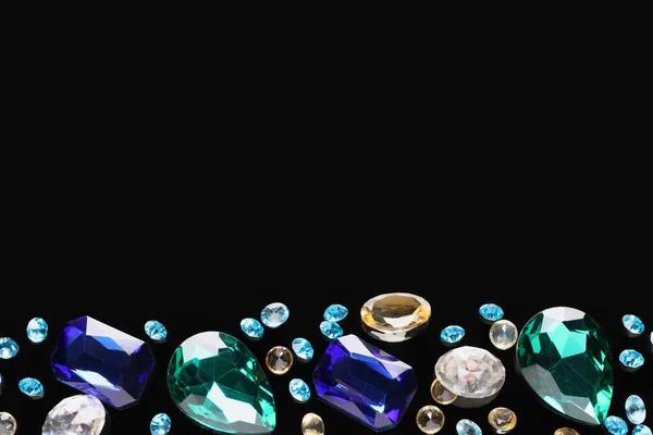 Different Beautiful Gemstones Jewelry Black Background Flat Lay Space Text — Stock Photo, Image