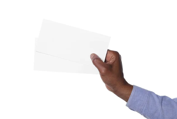 African American Man Holding Flyers White Background Closeup Mockup Design — Stock Photo, Image