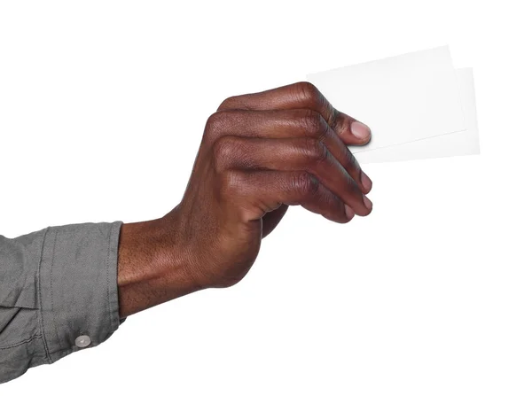 Afroamerikansk Man Med Papperskort Vit Bakgrund Närbild Mockup För Design — Stockfoto