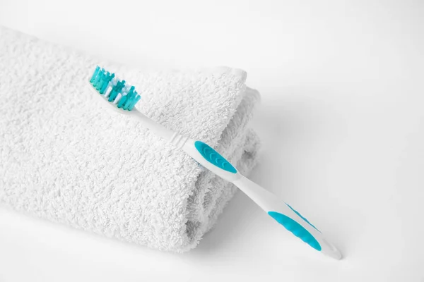 Light Blue Toothbrush Terry Towel White Background — Stock Photo, Image