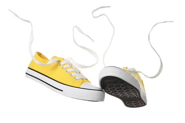 Paar Gele Klassieke Old School Sneakers Witte Achtergrond — Stockfoto