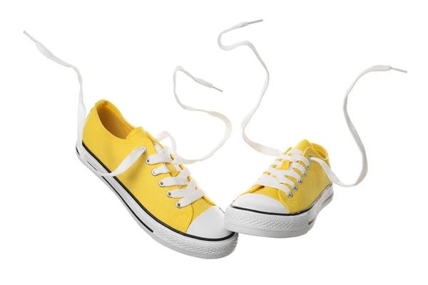 Paar Gele Klassieke Old School Sneakers Witte Achtergrond — Stockfoto