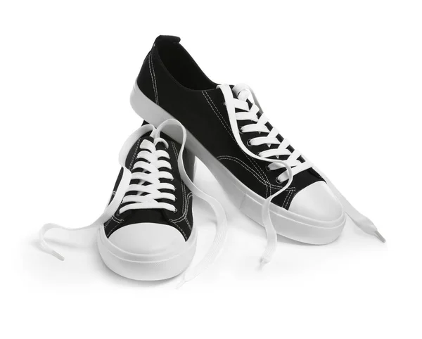 Paar Zwarte Klassieke Old School Sneakers Geïsoleerd Wit — Stockfoto