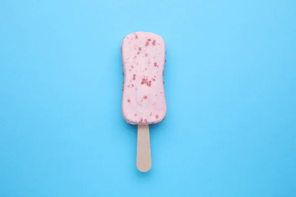 Delicious Glazed Ice Cream Bar Light Blue Background Top View — Stock Photo, Image