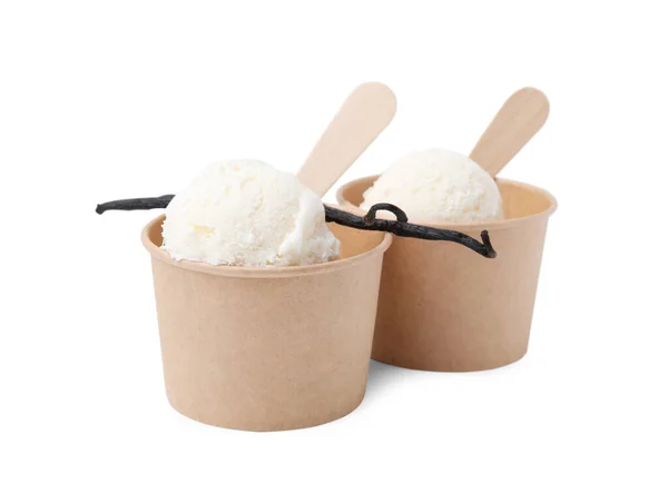 Бумажные Чашки Вкусным Мороженым Ванильным Стручком Изолированные Белом — стоковое фото