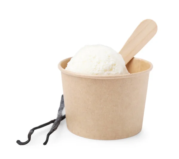 Paper Cup Delicious Ice Cream Vanilla Pods Isolated White — Stock Photo, Image