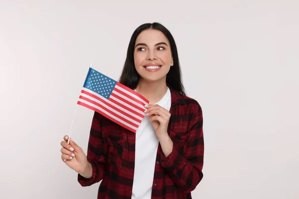 Julio Día Independencia Estados Unidos Mujer Feliz Con Bandera Americana —  Fotos de Stock
