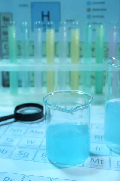 在化学元素周期表上装有液体 试管和放大镜的波纹管 浅蓝色调效果 — 图库照片