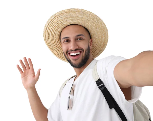 Sorrindo Jovem Chapéu Palha Tomando Selfie Fundo Branco — Fotografia de Stock