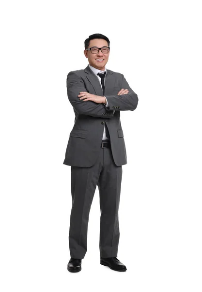 Üzletember Öltönyben Visel Szemüveg Fehér Háttér — Stock Fotó