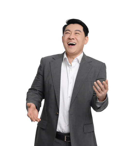 Glücklicher Geschäftsmann Anzug Posiert Auf Weißem Hintergrund — Stockfoto