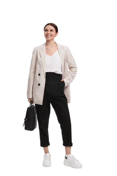 Krásná Podnikatelka Obleku Kufříkem Chůze Bílém Pozadí — Stock fotografie