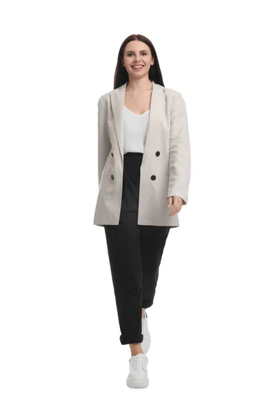 Schöne Geschäftsfrau Anzug Fuß Auf Weißem Hintergrund — Stockfoto