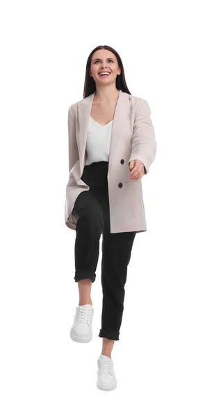 Schöne Geschäftsfrau Anzug Posiert Auf Weißem Hintergrund — Stockfoto