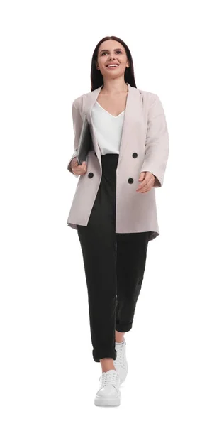 Beautiful Businesswoman Suit Laptop Walking White Background — Stock Photo, Image