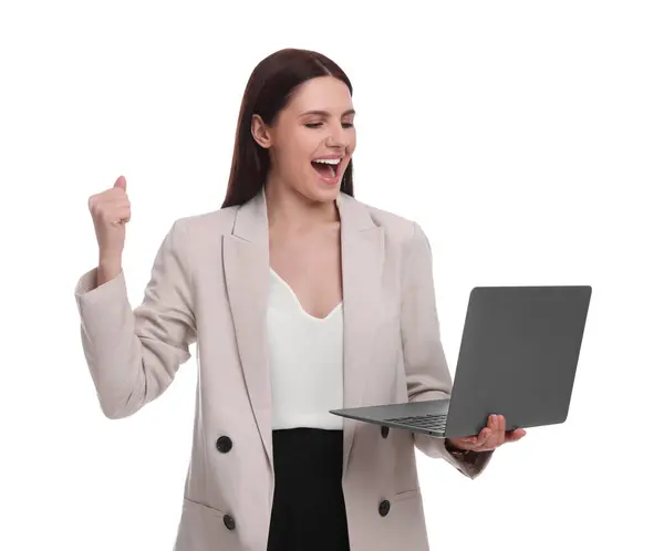 Vacker Affärskvinna Kostym Med Bärbar Dator Vit Bakgrund — Stockfoto