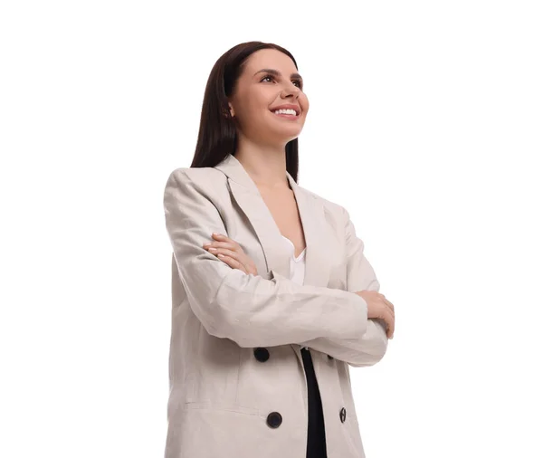 Beautiful Businesswoman Suit White Background Low Angle View — Stock Photo, Image