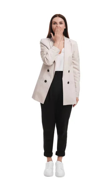 Όμορφη Συναισθηματική Επιχειρηματίας Κοστούμι Λευκό Φόντο — Φωτογραφία Αρχείου