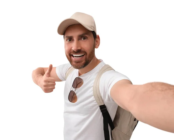 Leende Man Som Tar Selfie Och Visar Tummen Upp Vit — Stockfoto