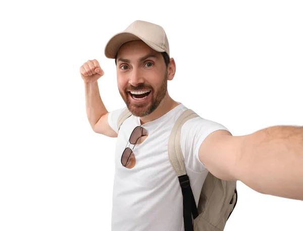 Sorrindo Homem Tomando Selfie Fundo Branco — Fotografia de Stock