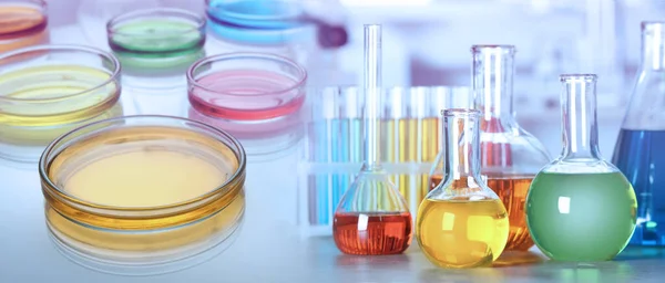 Chemistry Chemical Research Collage Different Laboratory Glassware Colorful Liquids Banner — Stock Photo, Image