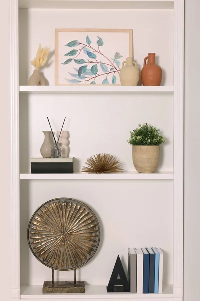 Interior Design Shelves Stylish Accessories Books Indoors — Stock Photo, Image