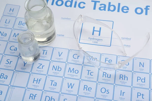 化学元素周期表上的瓶和防护眼镜 — 图库照片
