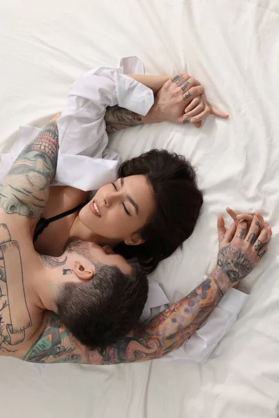 Passionate Couple Having Sex Bed Top View — Stock Photo, Image