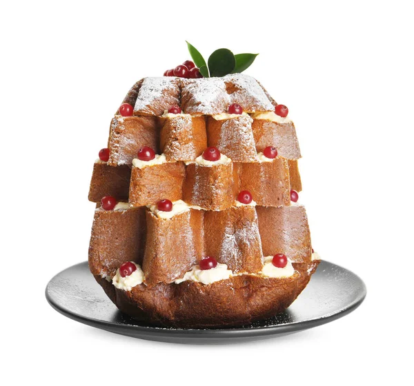 Köstliche Pandoro Weihnachtsbaumkuchen Mit Puderzucker Und Beeren Auf Weißem Hintergrund — Stockfoto