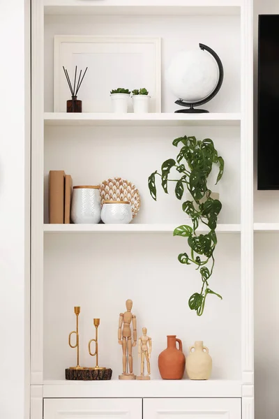 Stylish Shelves Decorative Elements Houseplant White Wall Interior Design — Stock Photo, Image