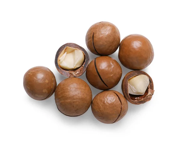 Köstliche Bio Macadamia Nüsse Isoliert Auf Weiß Von Oben — Stockfoto