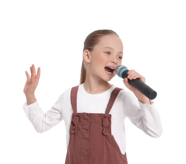 Cute Little Girl Microphone Singing White Background Royalty Free Stock Photos