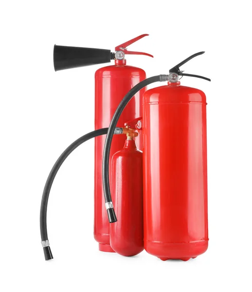 Tres Extintores Rojos Sobre Fondo Blanco — Foto de Stock