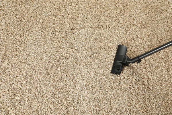 Hoovering Beige Carpet Modern Vacuum Cleaner View Space Text — Stock Photo, Image