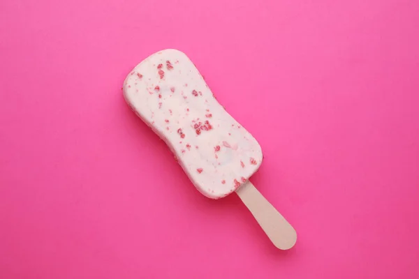 Delicious Glazed Ice Cream Bar Pink Background Top View — Stock Photo, Image